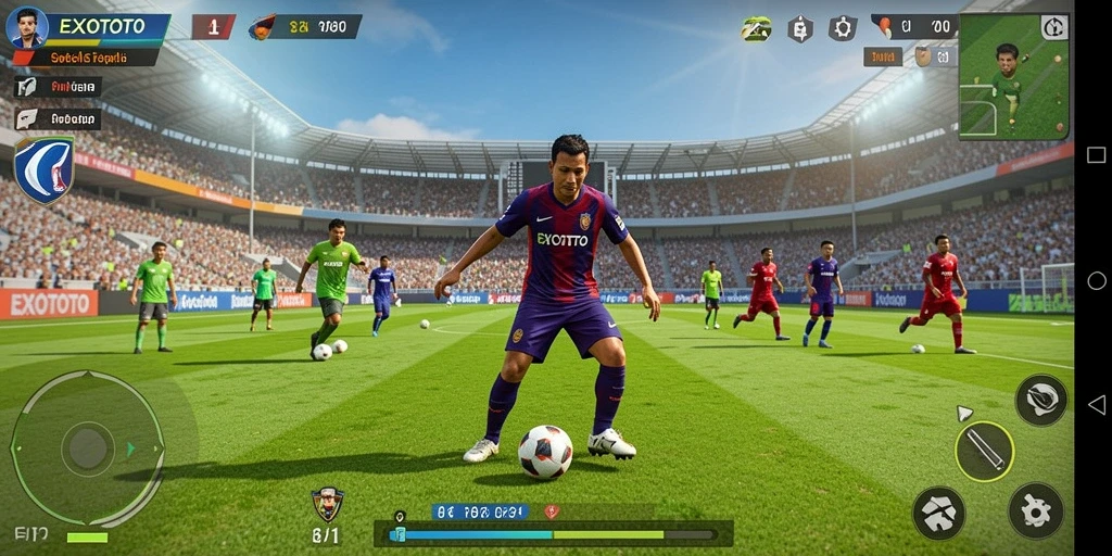 Screenshot utama EXOTOTO menampilkan aksi mendebarkan dalam permainan sepak bola.
