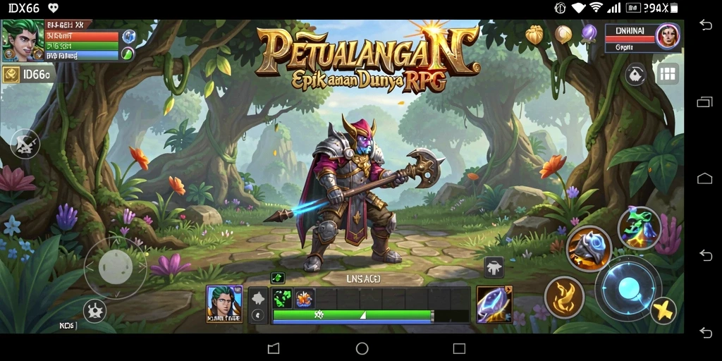 Screenshot utama IDX66 menampilkan pertarungan seru dalam dunia RPG yang fantastis.