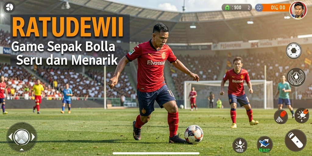 Tangkapan layar gameplay <strong>RATUDEWI</strong> menunjukkan aksi seru dalam pertandingan sepak bola.