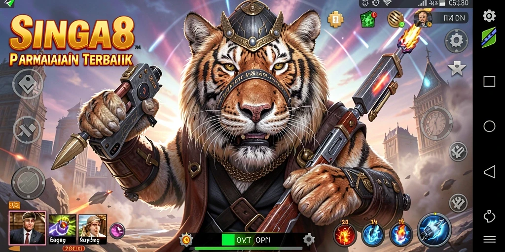 Tangkapan layar gameplay SINGA8 yang menunjukkan strategi pertempuran yang mendebarkan.