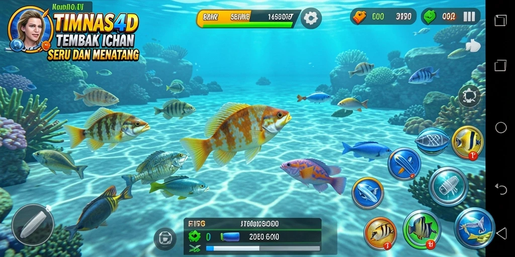 Tampilan gameplay seru dengan aksi menembak ikan.